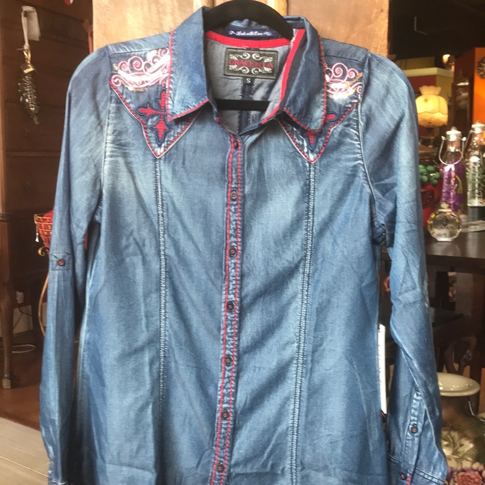 Embroidered Denim Top